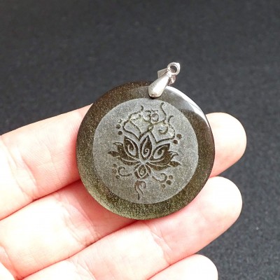 Obsidian Gold Pendant Lotus Symbol Mexico